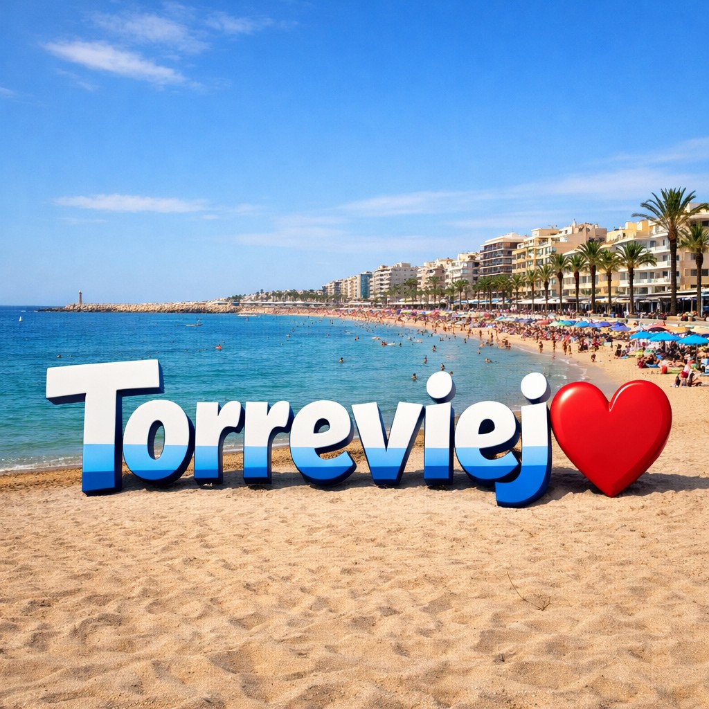 imagen de la playa de Torrevieja en Alicante con el nombre Torrevieja. property investment Costa Blanca Spain.