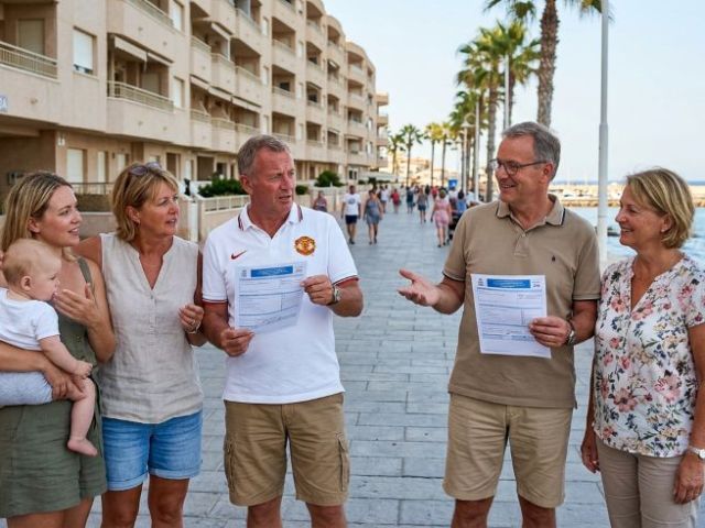 Personas hablando del coste oculto del Brexit: por qué usted paga un 24 % y su vecino alemán un 19 % por la misma vivienda en Torrevieja.