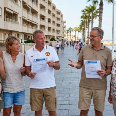 Personas hablando del coste oculto del Brexit: por qué usted paga un 24 % y su vecino alemán un 19 % por la misma vivienda en Torrevieja.