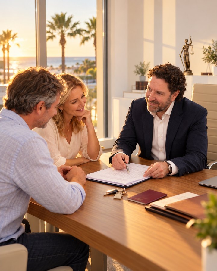 Lead lawyer at Antón & Asociados in Torrevieja advising international clients beside them, with the sea at sunset in the background
